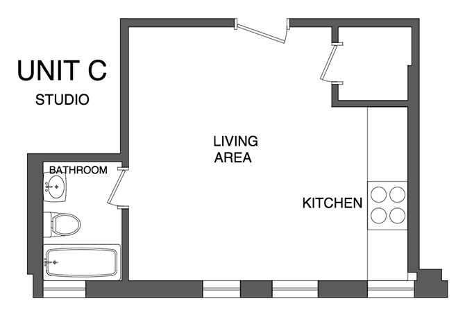 Floor plan for studio, 1 bath, 350 sqft